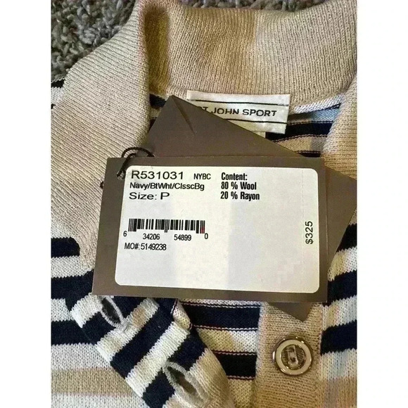 NWT ST JOHN SPORT SANTANA KNIT STRIPED SHORT SLEEVE COLLARED TAN/NAVY TOP SIZE P - Picture 6 of 6